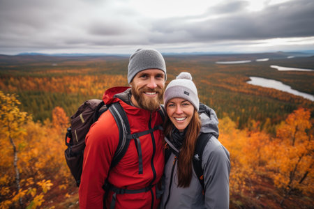 A couple captures a memorable moment as they pose for a selfie against a scenic wilderness background, Couple enjoys an autumn hike in Lapland, AI Generatedの素材