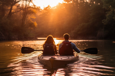 A couple enjoys a calm evening as they paddle together in a kayak on serene water, Couple kayaking together, AI Generatedの素材
