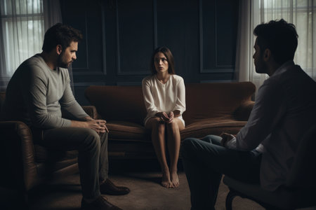 A diverse group of individuals gathered in a cozy living room, engaged in conversation and enjoying each others company, couple relationship therapy with a counselor, AI Generatedの素材