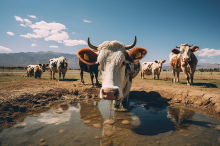 A herd of cattle is seen standing on top of a grass-covered field, enjoying the lush landscape, cows in ranch or farm, AI Generatedの素材