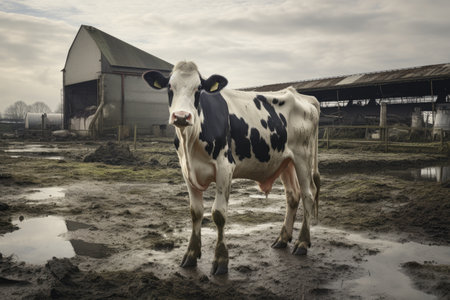 A black and white cow stands in a muddy field, surrounded by grass and dirt, Cow on a dairy farm, AI Generatedの素材