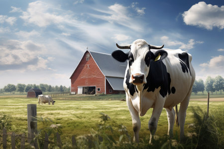 A black and white cow stands gracefully in front of a classic red barn on a sunny day, Cow on a dairy farm, AI Generatedの素材