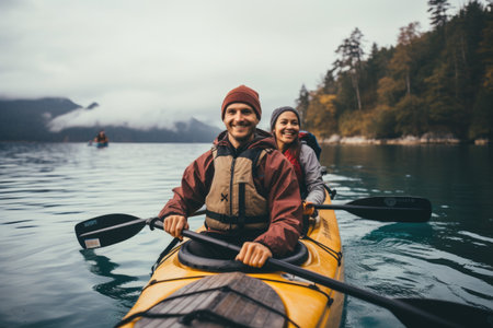 A man and a woman enjoy kayaking together on a peaceful lake, surrounded by stunning natural beauty, Couple travelling by kayak, AI Generatedの素材