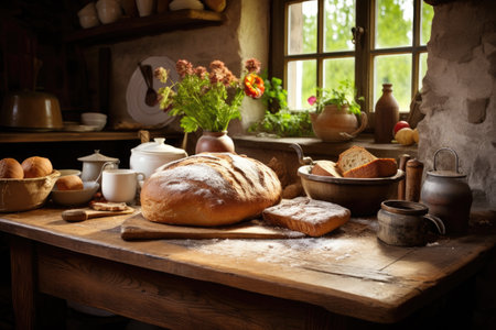 A variety of freshly baked bread loaves displayed on a wooden table ready for purchase, Cozy country kitchen with fresh bread cooling on a wooden countertop, AI Generatedの素材