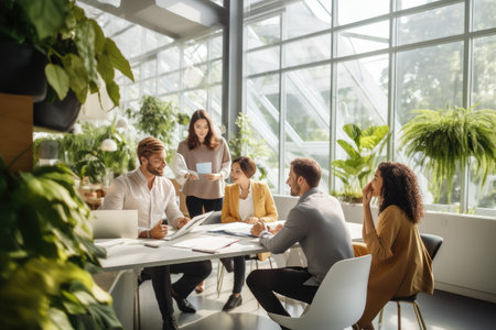 A diverse group of individuals gathered around a table engaged in a meeting or discussion, Creative team brainstorming in a bright open space, AI Generatedの素材