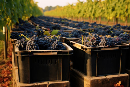A variety of containers filled with fresh grapes showcasing their vibrant colors and different shapes and sizes, crates of black grapes on vineyard harvest, AI Generatedの素材