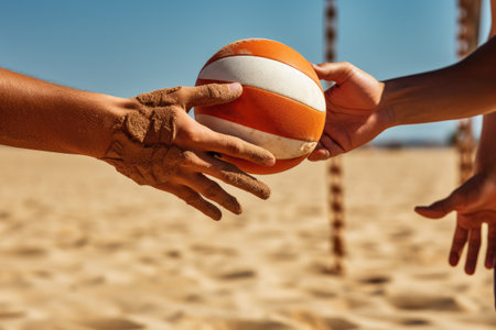 Group of People Holding Onto a Beach Ball at the Beach for Fun and Recreation, Cropped hands of players practicing volleyball, AI Generatedの素材