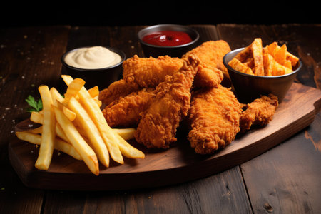 A mouthwatering combination of crispy fried chicken, golden French fries, and a side of ketchup and mayonnaise, Crispy fried chicken tenders and french fries on wooden table, AI Generatedの素材