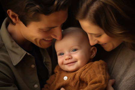 A loving man and woman embrace, cradling their precious baby in their arms, Cute baby being caressed by parents, AI Generatedの素材