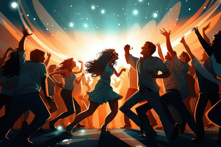 A lively group of people enjoying themselves as they dance together on a vibrant dance floor, crowd of people dancing at concert, AI Generatedの素材