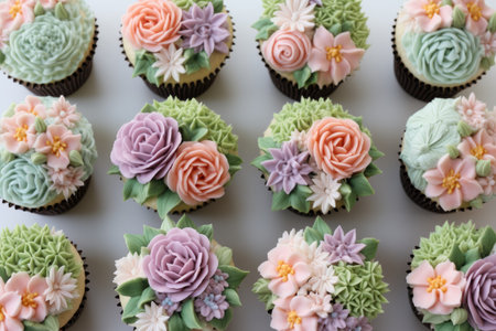 A wide selection of cupcakes adorned with beautiful flowers, making them a delightful dessert choice for any event, Cupcakes decorated with pastel buttercream flowers, AI Generatedの素材