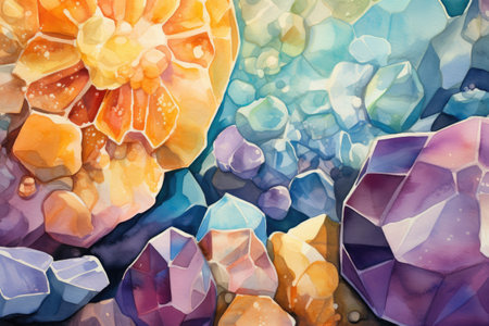 A captivating painting featuring a variety of rocks in vibrant colors, capturing the beauty and diversity of nature, Crystal geode cross-sections in watercolor, AI Generatedの素材