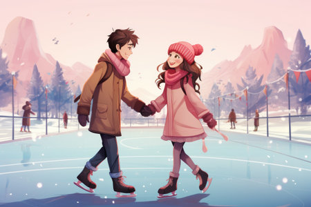 A man and a woman take a stroll through a snowy landscape, Cute couple ice-skating hand-in-hand on Valentine's Day, AI Generatedの素材