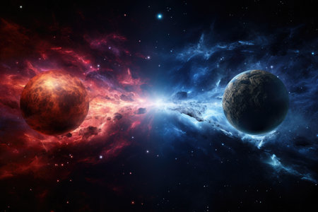 Witness the mesmerizing spectacle of two planets suspended against the backdrop of the sky, Dazzling merger of a tech galaxy and the natural universe, AI Generatedの素材