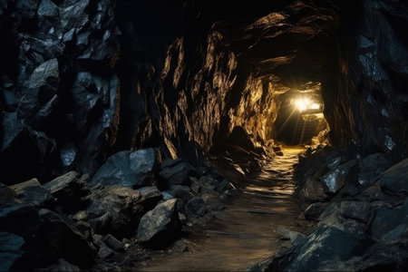 A tunnel illuminated by a distant light, symbolizing the journey towards hope, escape, and new beginnings, Dark mine tunnel, cave with rocks and wood, old underground passage, AI Generatedの素材