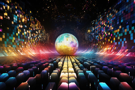 A spacious room filled with rows of chairs and a disco ball hanging from the ceiling, perfect for an event or party, Dazzling disco ball inspired abstract art, AI Generatedの素材