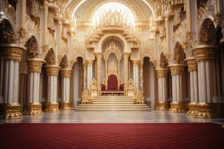 A photograph showcasing a church adorned with a red carpet and a striking gold altar, capturing the essence of religious reverence, Decorated empty throne hall, AI Generatedの素材