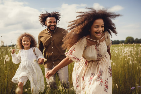 Two people walking together in the grassy area under a clear blue sky, Delighted multiethnic family having fun together in field, AI Generatedの素材