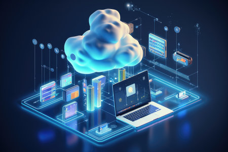 A laptop computer resting on a fluffy cloud, data transfer cloud computing technology concept, AI Generatedの素材
