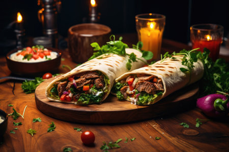 Delicious burritos placed on a rustic wooden cutting board, inviting hungry diners to savor their flavorful fillings, Delicious shawarma served on wooden board on table in cafe, AI Generatedの素材