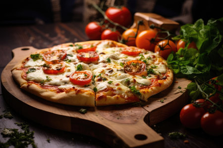 A delicious pizza sitting on top of a wooden cutting board ready to be enjoyed as a scrumptious meal or snack, Delicious pizza with mozzarella on a wooden board, AI Generatedの素材
