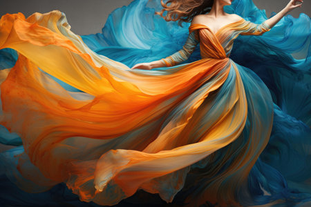 A woman stands gracefully in a flowing dress, her hair blowing in the gentle breeze, Delineate a swirling dance of orange and blue hues, AI Generatedの素材