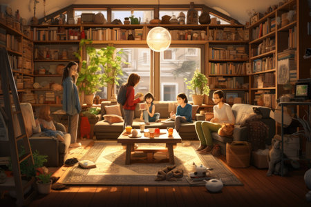 A diverse group of individuals sitting together in a cozy and comfortable living room, engaged in conversation and relaxation, Depict a homeschooling session in a cozy living room, AI Generatedの素材