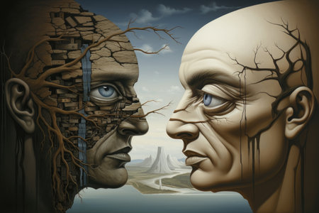 An art piece capturing the moment as two individuals face each other in intense conversation, Depict the duel of instincts and intellect with contrasting shades, AI Generatedの素材