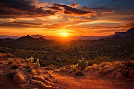 Sun Setting Over Desert Landscape, A Beautiful Natural Spectacle at the End of the Day, Desert landscape showcasing its unique beauty at sunrise, AI Generatedの素材