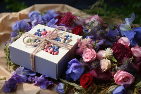 A white box with a bow on top, placed on a vibrant bunch of flowers, creating a stunning gift, Eco-friendly Valentine's Day gift box with wildflowers, AI Generatedの素材