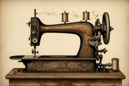 A detailed black-and-white drawing of a sewing machine placed on a wooden table, Detailed illustration of an antique sewing machine, AI Generatedの素材