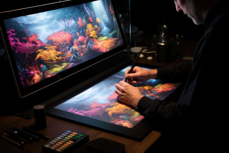 A man sitting at a desk, with a painting placed on it, Digital art being created on a large graphic tablet, AI Generatedの素材