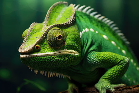 A stunning close-up of a green chameleon perched on a branch, showcasing its vibrant color and unique characteristics, Detailed Green chameleon closeup, AI Generatedの素材