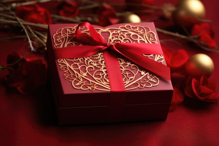 A photograph of a red box adorned with a red ribbon and a bow, creating a simple yet festive gift presentation, Elegantly designed Valentine's Day gift box with filigree pattern, AI Generatedの素材