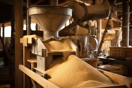 This image showcases a machine efficiently producing grain through a clearly defined and well-structured process, Detail of an organic grain mill operation, AI Generatedの素材