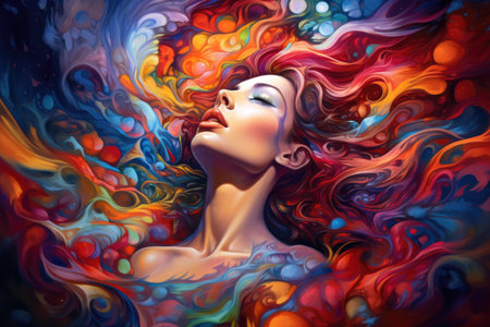 A captivating painting of a woman with her hair elegantly flowing in the wind, Dtream of consciousness design with rich, saturated colors spreading across the canvas, AI Generatedの素材