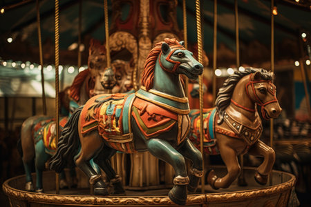 A vibrant and exciting amusement park carousel with beautifully crafted horse figures spinning around, Exotic animals on vintage carousel, AI Generatedの素材