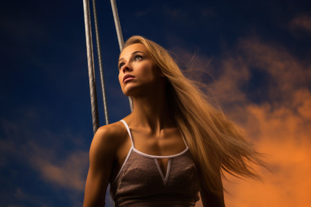 A woman stands on a swing, her long hair flowing as she enjoys the exhilarating motion, Female pole vaulter preparing for her jump, AI Generatedの素材