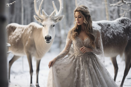 A woman wearing a white dress stands beside a deer in a sunlit clearing surrounded by trees, Ethereal winter wedding in a snow-covered forest, AI Generatedの素材