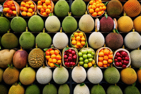 A mesmerizing arrangement of various fruits stacked on each other, showcasing the colorful diversity of natures harvest, Exotic tropical fruits neatly arranged in a market, AI Generatedの素材