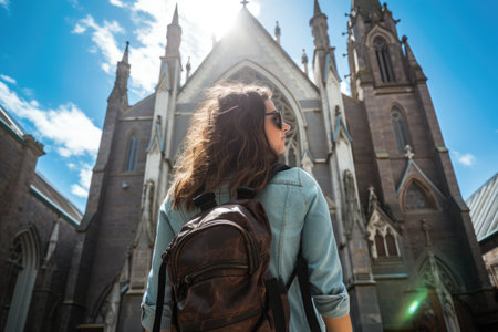 A woman stands in front of a beautiful church building, radiating calmness and reverence, Female tourist sightseeing at St Joseph's Cathedral, full body, AI Generatedの素材