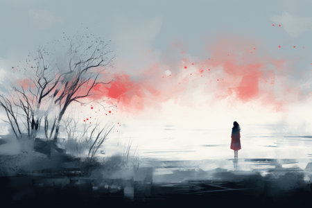 A captivating painting of a woman in a red dress peacefully observing the serenity of a vast body of water, Feeling of solitude illustrated through an abstract winter landscape, AI Generatedの素材