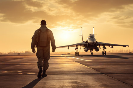 A man confidently walks towards a powerful fighter jet parked on a runway, Fighter pilot walking to the fighter jet on an airfield in a light of morning sun, AI Generatedの素材