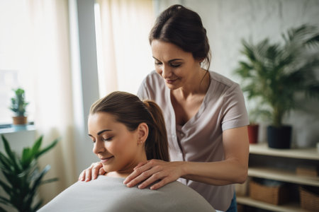 A woman indulges in a serene back massage treatment at a spa, enjoying the blissful relaxation and stress reduction, Female therapist manipulating shoulder blade on young female patient, AI Generatedの素材