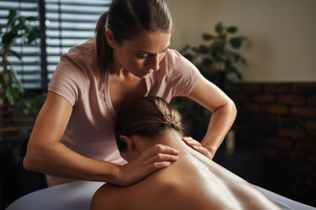 A woman lies on a massage table as an expert masseuse performs a soothing back massage, Female therapist manipulating shoulder blade on young female patient, AI Generatedの素材