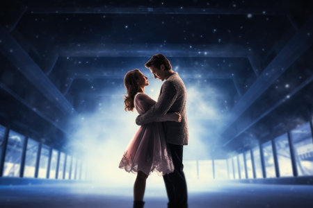 A man and woman stand together in front of a modern building with a bustling urban cityscape in the background, Figure skating couple in professional ice arena, AI Generatedの素材