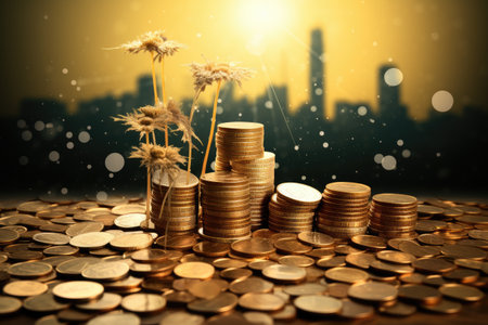 A neat arrangement of coins forming a pile, placed on a flat surface, financial background , investment , opportunity, AI Generatedの素材