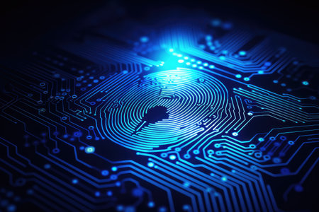 Close Up of Circuit Board With Blue Light, Technology, Electronics, Computer, Hardware, Fingerprint scan providing security access with biometric identification, AI Generatedの素材