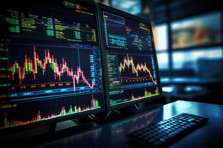 A workspace setup featuring a computer monitor and keyboard positioned on a desk, Financial data indicators on a monitor, Stock market or forex trading graph, AI Generatedの素材