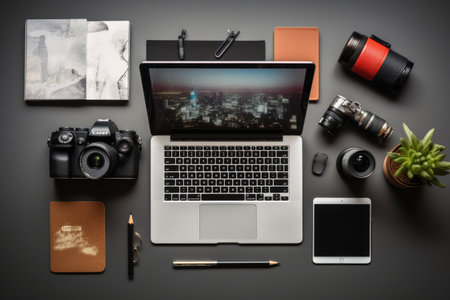 An open laptop computer sitting on a desk, ready for work or leisure, Flat lay of a photographer's desk with a laptop, camera, and accessories, AI Generatedの素材